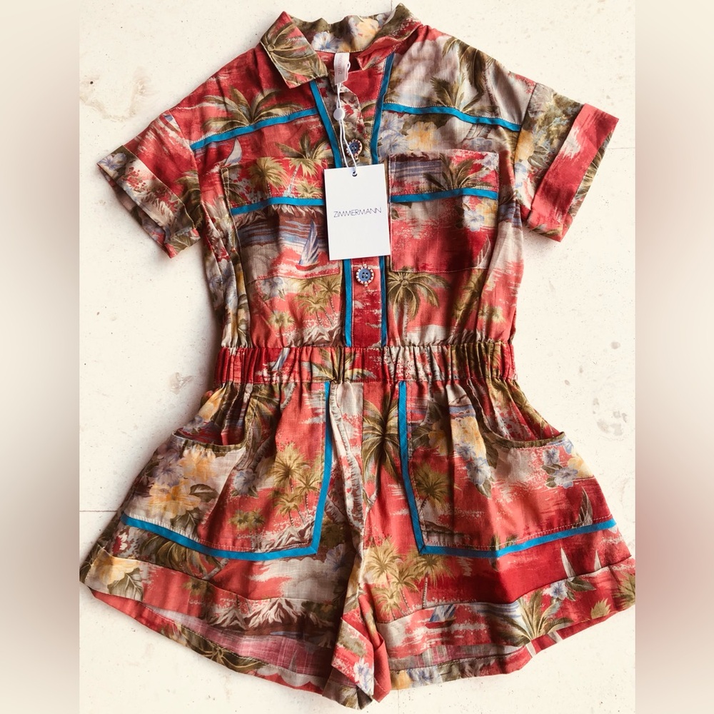 NWT Zimmermann Toddler Girl Tropical Red with Blue Trim Romper.